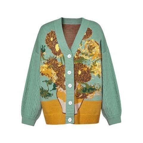 Van Gogh Oversized Cardigan Sunflower Loose Knit Sweater Vintage Art Knitted Jacket Sun Flower Aesthetic Cardigan Y2k E Girl Style Coat