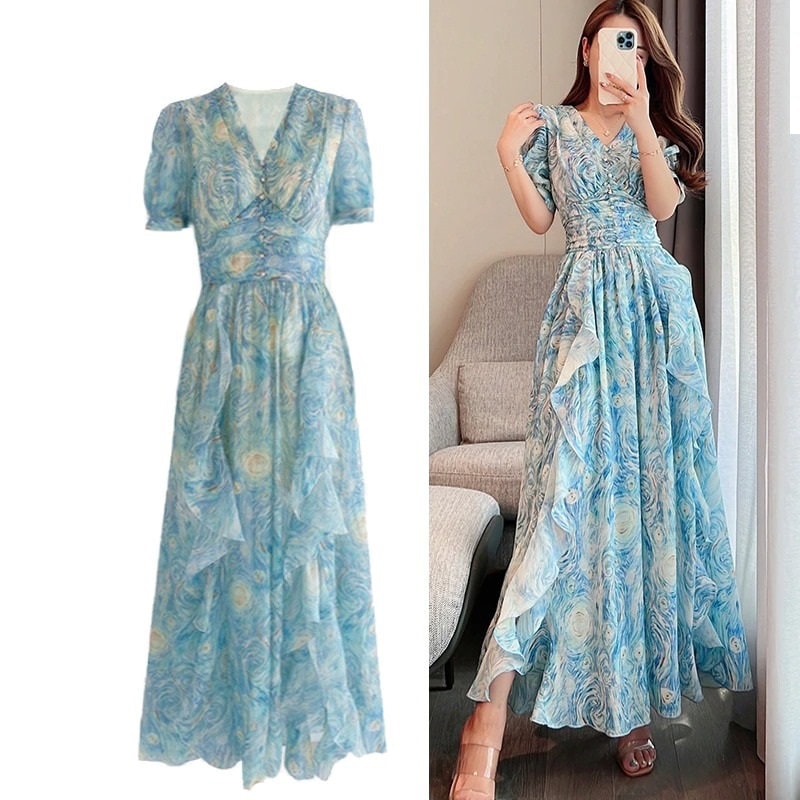 Van Gogh Print Starry Night Style Dress Blue Fairycore Dress Vintage Edwardian Dress Cute Lolita Dress