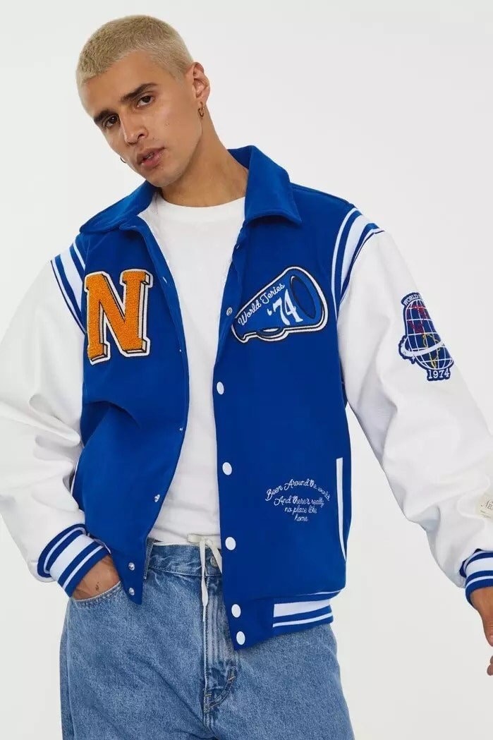 Varsity Blues � Neutrals Blue Men's Casual Faux Leather Embroidered Bomber Jacket