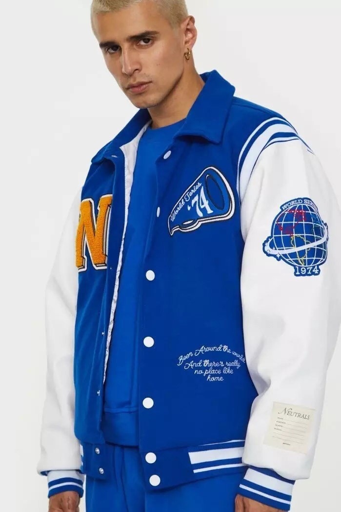 Varsity Blues � Neutrals Blue Men's Casual Faux Leather Embroidered Bomber Jacket