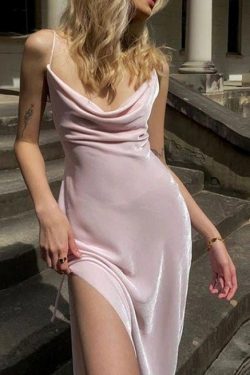 Velvet Solid Women Strap Midi Dress Slit Stacked Loose Elegant Party Streetwear Spring Summer Festival