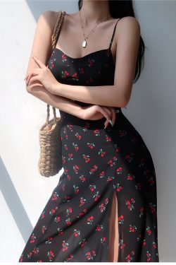 Vintage Black And Red Cherry Floral Midi Dress Y2k Clothing Korean Fashion French Retro Summer Dress 60s 70s 80s 90s Harajuku