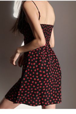Vintage Black And Red Floral Short Mini Dress Y2k Clothing Korean Fashion French Retro Summer Dress 60s 70s 80s 90s Harajuku