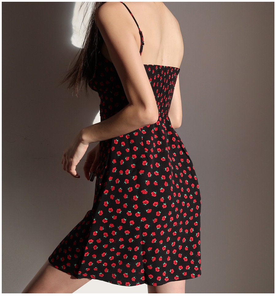 Vintage Black And Red Floral Short Mini Dress Y2k Clothing Korean Fashion French Retro Summer Dress 60s 70s 80s 90s Harajuku