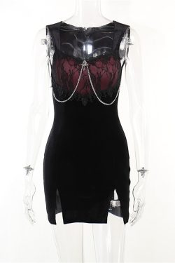 Vintage Black Velvet Hip Wrap Dress Dark Style Sexy Split Waist Lace Dress Gothic Grunge Dress Velour Renaissance Dress With Cross Chain