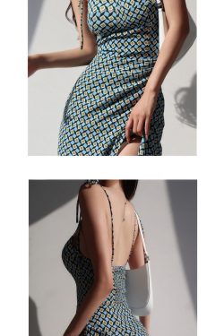 Vintage Blue And Green Square Patterns Midi Strap Dress Y2k Clothing Korean Fashion French Retro Summer 50s 60s 70s 80s 90s 00s Harajuku
