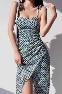 Vintage Blue And Green Square Patterns Midi Strap Dress Y2k Clothing Korean Fashion French Retro Summer 50s 60s 70s 80s 90s 00s Harajuku