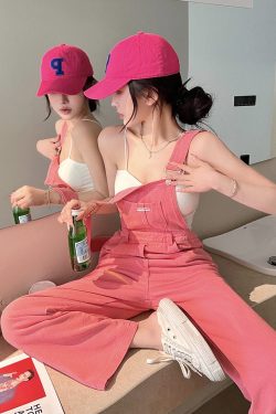 Vintage Cotton Elegant Pink Denim Jumpsuit Women Sleeveless Fashion Hipster Casual High Street Wide Leg Overalls Outfits Romper