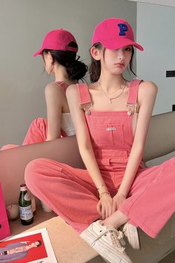 Vintage Cotton Elegant Pink Denim Jumpsuit Women Sleeveless Fashion Hipster Casual High Street Wide Leg Overalls Outfits Romper