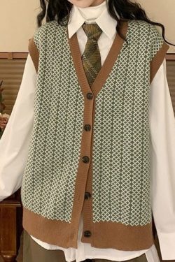 Vintage Dark Academia Clothing Knitted Classic V Neck Argyle Sweater Vest For Woman Light Academia Clothing Retro Casual Vest