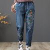 Vintage Embroidered Elastic Waist Tie Loose Jeans Women's Long Pants Large Size Jeans