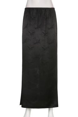 Vintage Fashion Black Jacquard Low Waist Maxi Skirt Long Gothic Dark Academia Chic Summer Women's Skirts Straight Y2k Grunge Slit Skirts