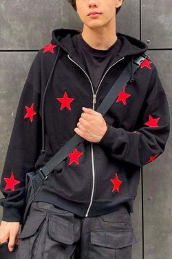 Vintage Hoodie Sweatshirt Unisex Casual Star Print Design Zip Hip Hop Loose Harajuku Gothic Style Y2k Top Pockets Black Red Stars