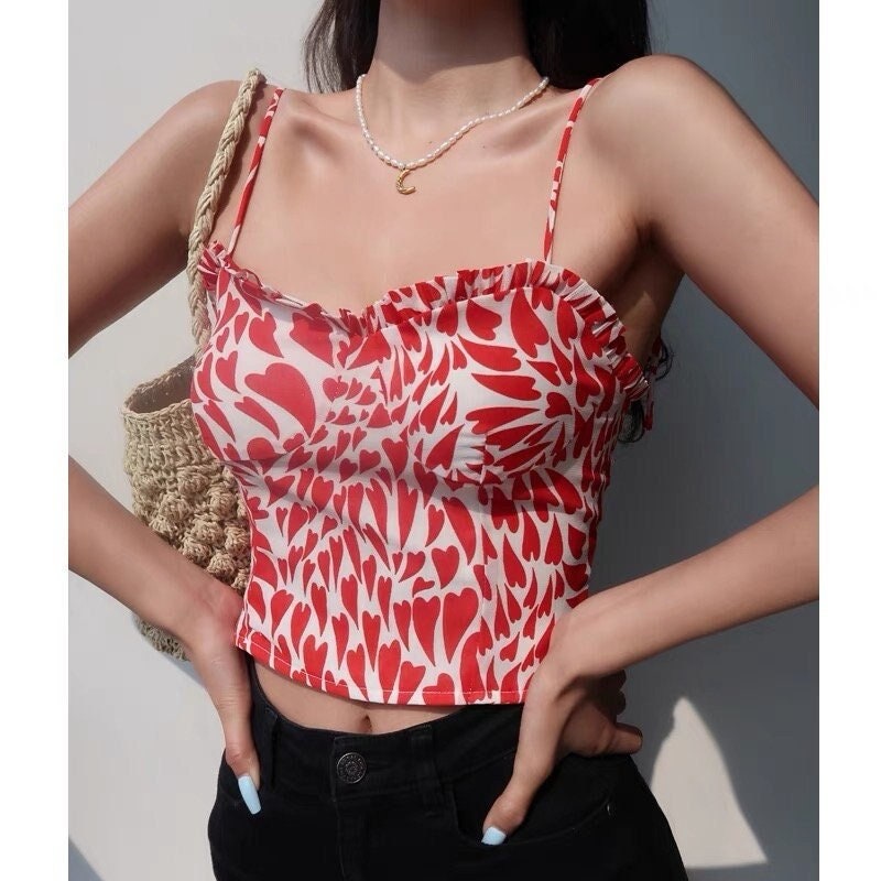 Vintage Inspired Red And White Heart Shaped Pattern Strappy Cami Crop Top Y2k Clothing Korean French Retro Summer Cottagecore Milkmaid