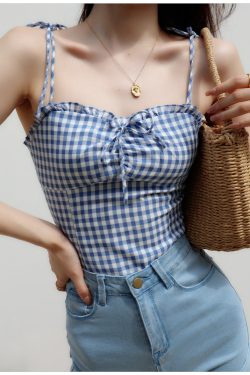 Vintage Inspired White And Blue Checked Strappy Cami Crop Top Y2k Clothing Korean Fashion French Retro Summer Top Cottagecore Milkmaid
