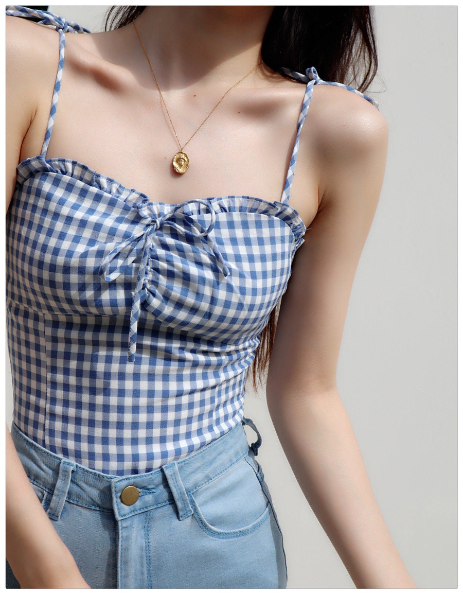 Vintage Inspired White And Blue Checked Strappy Cami Crop Top Y2k Clothing Korean Fashion French Retro Summer Top Cottagecore Milkmaid