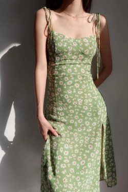 Vintage Milkmaid Green Lime Floral Midi Dress Y2k Clothing Korean Fashion French Retro Summer Dress Harajuku
