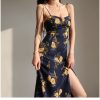 Vintage Navy And Yellow Floral Midi Strap Dress With Side Split Y2k Clothing Korean Fashion French Retro Summer Dress 60s 70s 80s 90s