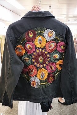 Vintage Oversized Multi Floral Embroidered Denim Jacket Women Cowboy Long Sleeve Lapel Casual Denim Coat Streetwear Outwear