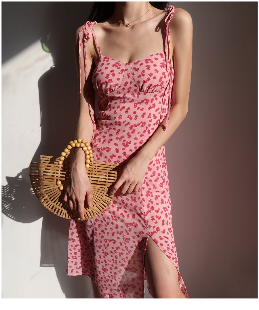 Vintage Pink And Red Floral Midi Dress Y2k Clothing Korean Fashion French Retro Summer 60s 70s 80s 90s Harajuku Versatile Cottage Core
