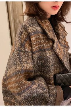 Vintage Plaid Mid Length Woolen Loose Korean Coat