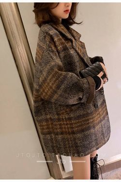Vintage Plaid Mid Length Woolen Loose Korean Coat