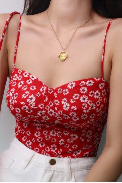 Vintage Red And White Floral Strap Cami Crop Top Y2k Clothing Korean Fashion French Retro Summer Top Cottage Core Milkmaid Versatile