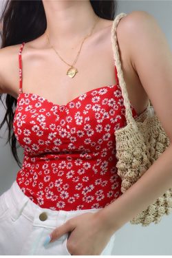 Vintage Red And White Floral Strap Cami Crop Top Y2k Clothing Korean Fashion French Retro Summer Top Cottage Core Milkmaid Versatile