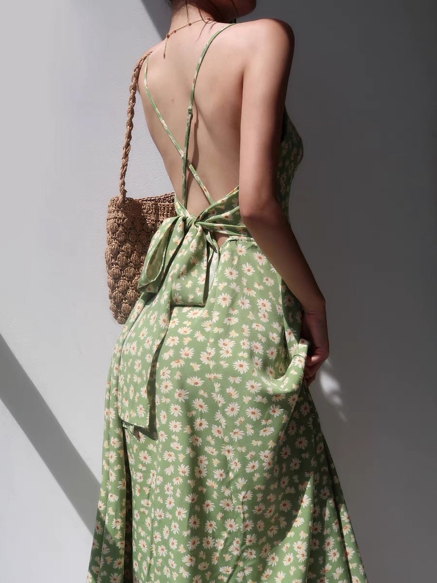 Vintage Sage Green Floral V Neck Midi Slip Dress Milkmaid Y2k Clothing Korean French Retro Summer 50s 60s 70s 80s 90s Harajuku Versatile