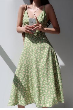 Vintage Sage Green Floral V Neck Midi Slip Dress Milkmaid Y2k Clothing Korean French Retro Summer 50s 60s 70s 80s 90s Harajuku Versatile