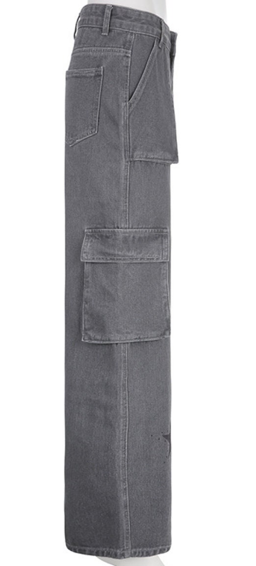 Vintage Star Jeans Pocket Stitching Straight Denim Pants Women Y2k Streetwear Low Rise
