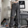 Vintage Streetwear Dark Gray Jeans Women Y2k High Waist Ripped Denim Trousers Female New Design Loose Wide Leg Pants