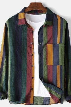 Vintage Stripe Blouse Cotton Linen Button T Shirt Retro Stripe Long Sleeve Shirt Casual Men Streetwear T Shirt Gift For Him
