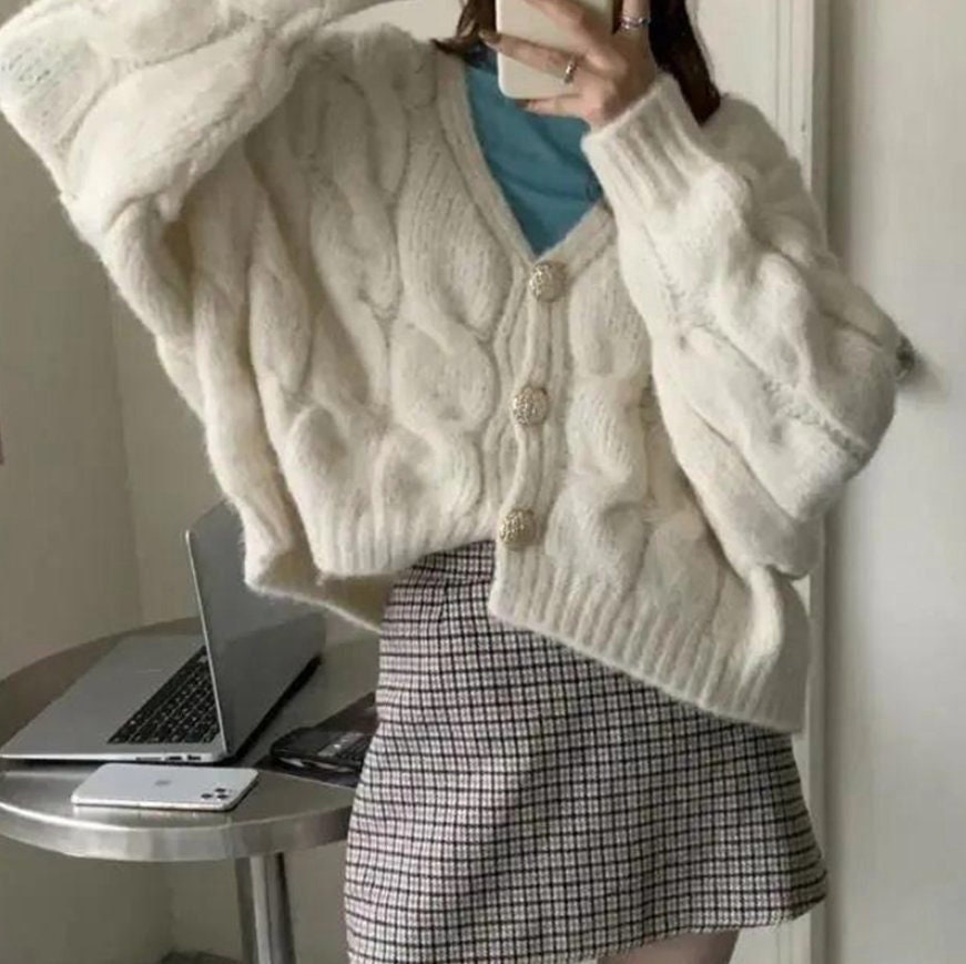 Warm Comfy And Cozy Knit Chunky Cropped Fit Button Up Trendy Cardigan Retro Vintage Trends Cute Aesthetic Fashion Y2k 2000s 90s Style