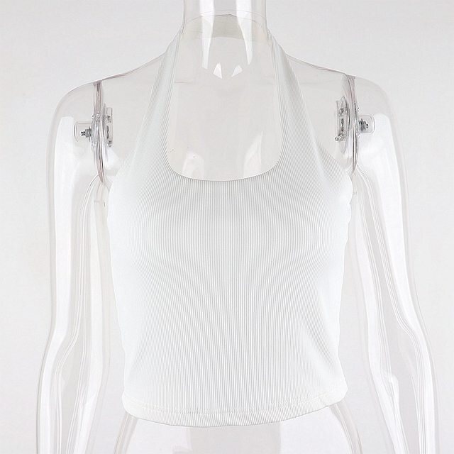 White Halter Sexy Backless Tank Tops For Women Streetwear Sleeveless Ribbed Knit Vest Top Cropped