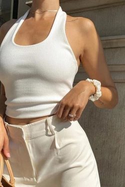 White Halter Sexy Backless Tank Tops For Women Streetwear Sleeveless Ribbed Knit Vest Top Cropped