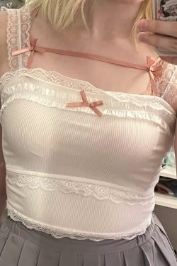 White Korean Style Lolita Kawaii Bow Lace Camisole Vset Women Japanese Sweet Cute Tank Top France Princess Crop Top Camisole College Style
