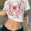 White O Neck Short Sleeve Aesthetic Butterfly Print Crop Top Y2k Clothing Trendy Clothes