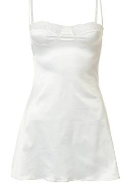 White Satin Look Delicate Minimal Y2k Trendy Sexy Silk Look Vintage Look Slip Dress Lace Women's Girls Christmas Gift