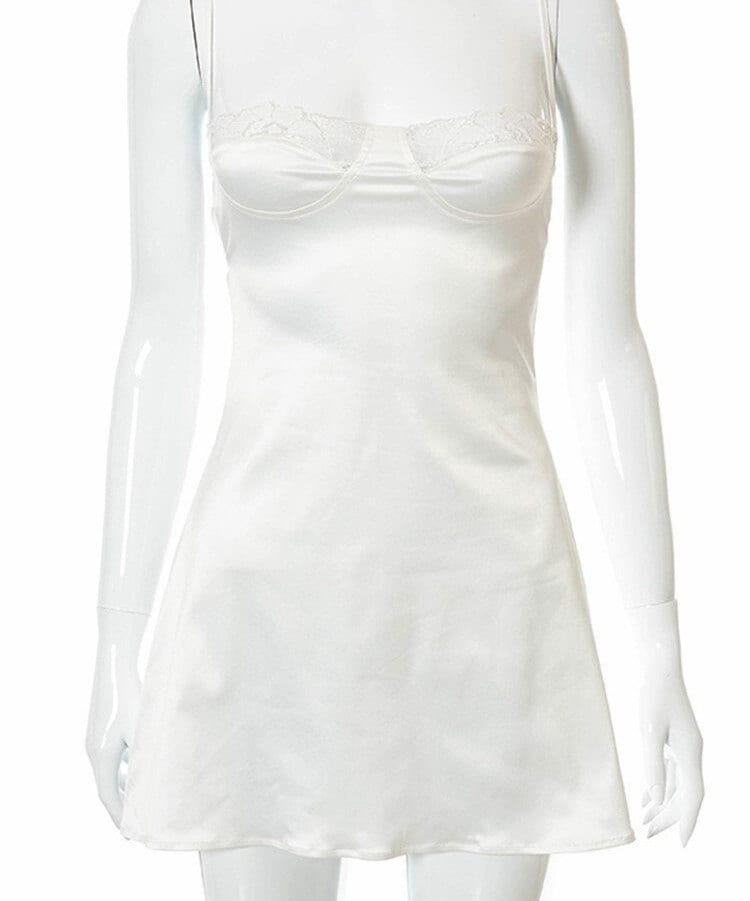 White Satin Look Delicate Minimal Y2k Trendy Sexy Silk Look Vintage Look Slip Dress Lace Women's Girls Christmas Gift