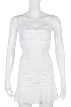 White Y2k Style Funky Halter Neck White Crop Top And Skirt Set Nineties Style