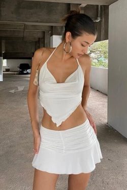 White Y2k Style Funky Halter Neck White Crop Top And Skirt Set Nineties Style