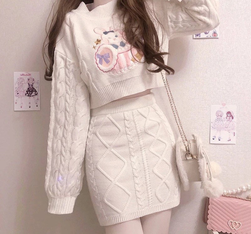 Winter Knitted Lolita Bunny Jumper And Skirt Set