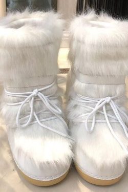 Winter Snow Boots Women Ski Boots Fluffy Hairy Lace Up Middle Calf Platform Flat With White Ski Boots