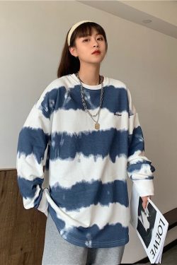 Woman Tshirts Autumn And Winter Sweater Women Loose T Shirt Female Tie Dye Striped Long Sleeved Top Female Ropa Mujer Camisetas