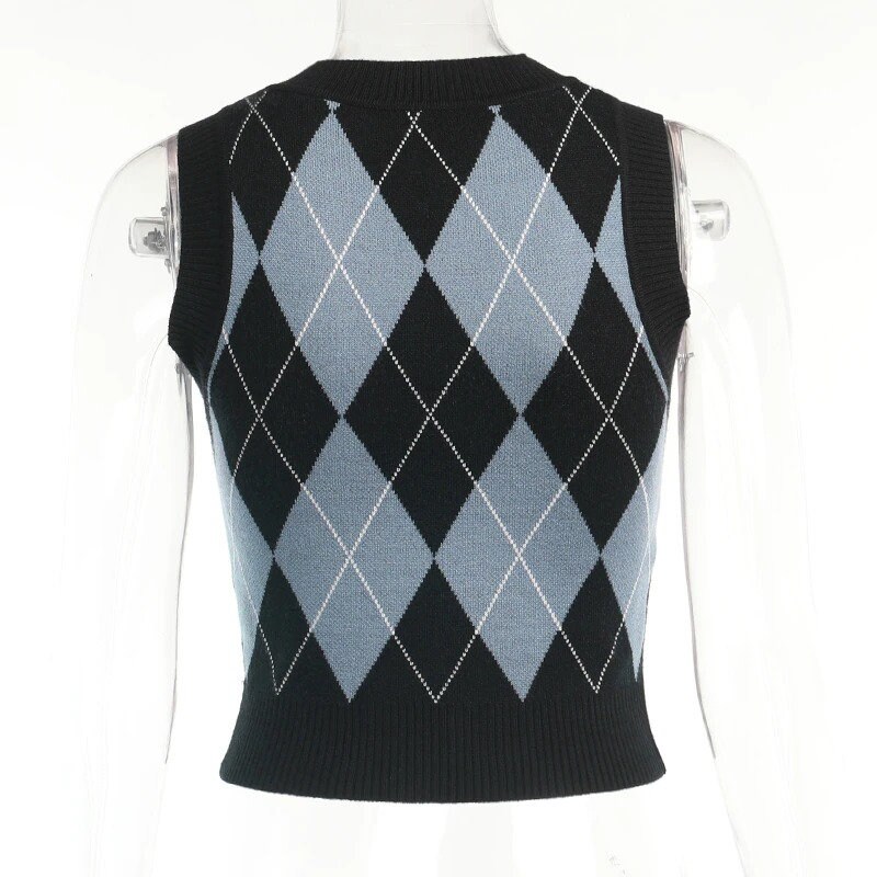 Women's Argyle Plaid & Skull Print Designed Sleveless Cropped Sweater Tank Top Streetwear Gothicwear Punkwear Retro Grunge