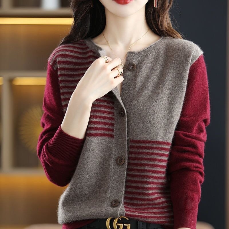 Women's Autumn Winter Vintage Striped Single Breasted Slim Spliced Refreshing Cardigan O Neck Fashions Sweater
