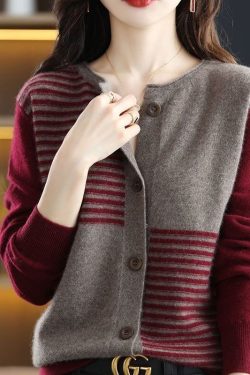 Women's Autumn Winter Vintage Striped Single Breasted Slim Spliced Refreshing Cardigan O Neck Fashions Sweater