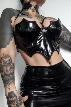 Women's Black Bat Pu Leather Cropped Tube Top Streetwear Gothicwear Lolita Harajuku Punkwear Fairygrunge Techwear Egirl