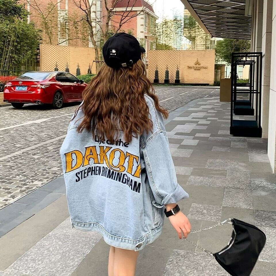 Women's Blue Loose Denim Jacket Spring Korean Fashion Embroidered Letter Casual Coat Harajuku Single Breasted Top